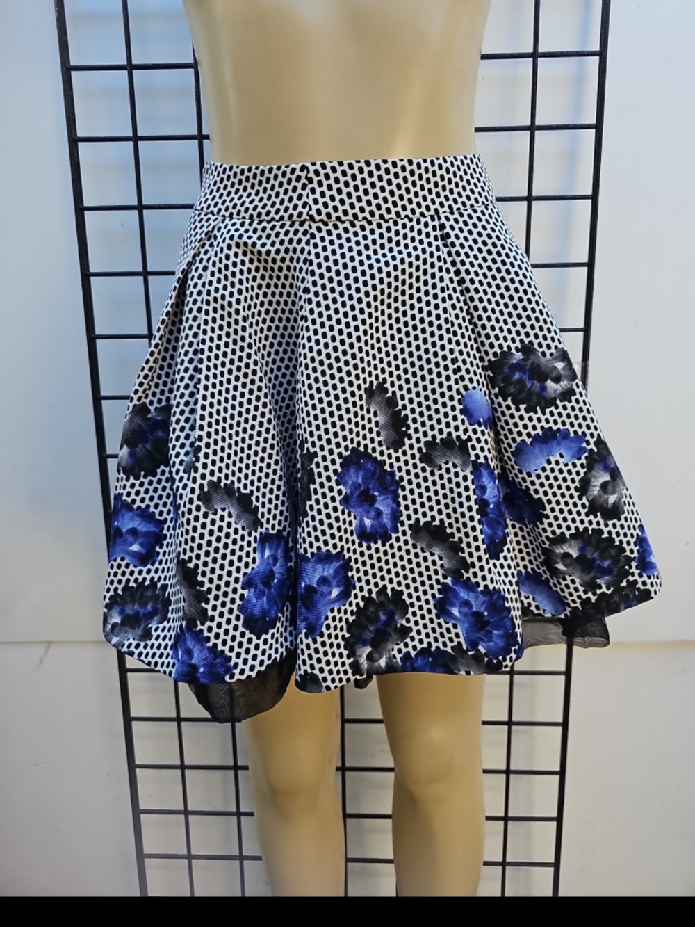 Express Black & White Dot Skater Skirt with Blue Floral Accents